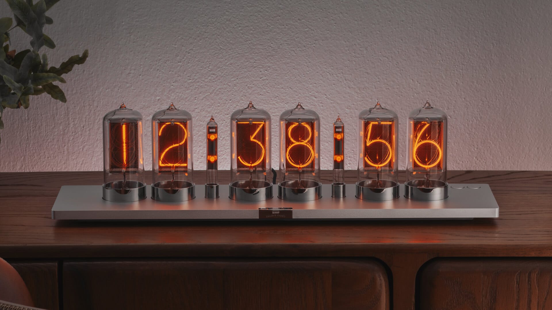 Puri Nixie Clock – second generation Puri Nixie Clock (second generation), six nixie tubes on a wooden sideboard